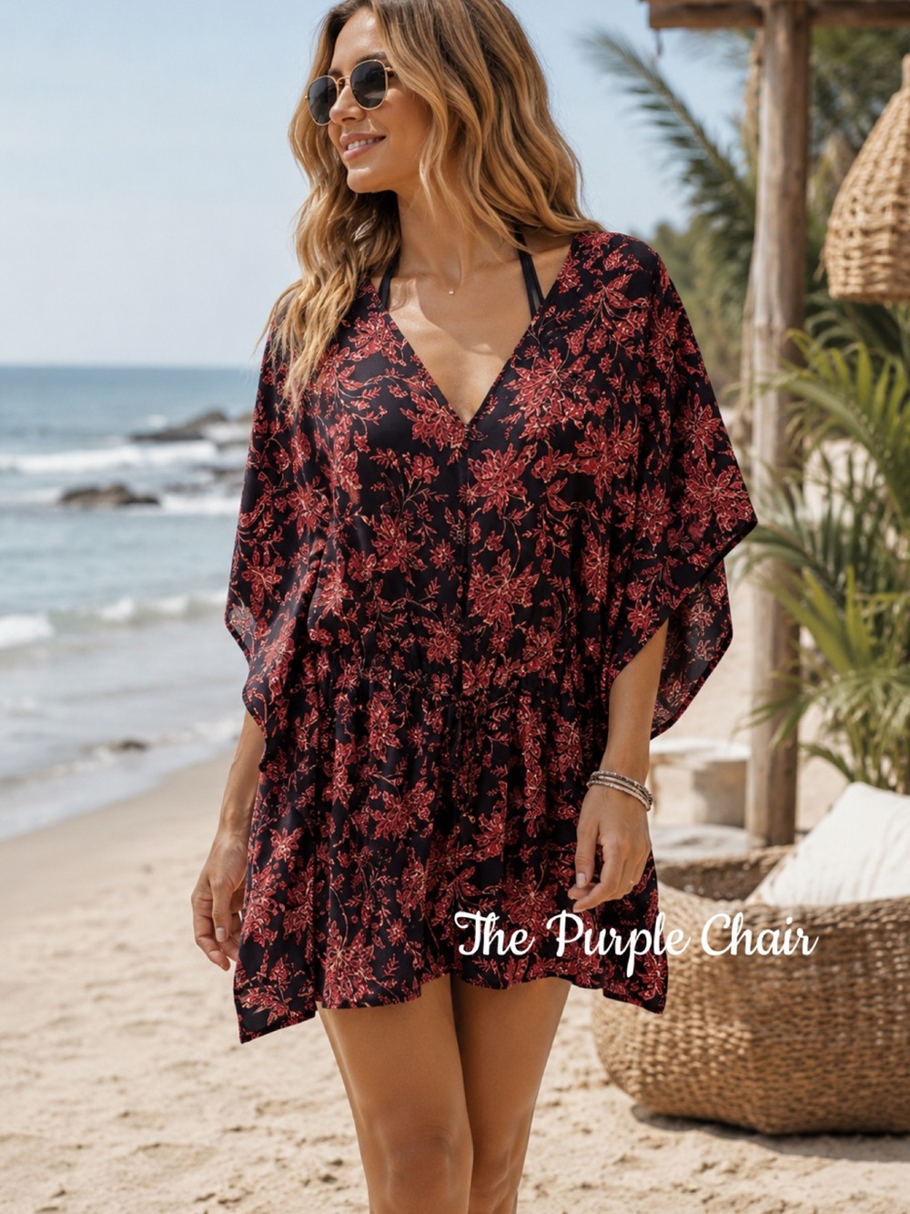LANDS END NWT Short Sleeve Gathered Waist Kaftan Swim Coverup Dress M/L